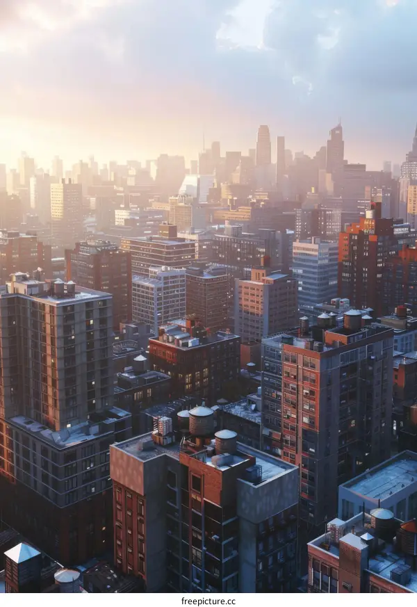 Cityscape with Tall Buildings and Setting Sun