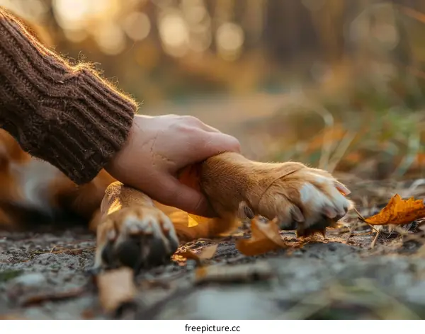 A person holding a dog's paw in the woods