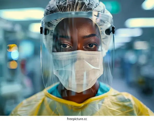 A black female doctor wearing a face mask and face shield looks at the camera