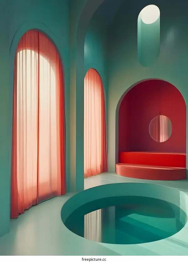 Abstract Interior Design with Pink Curtains and a Circular Pool