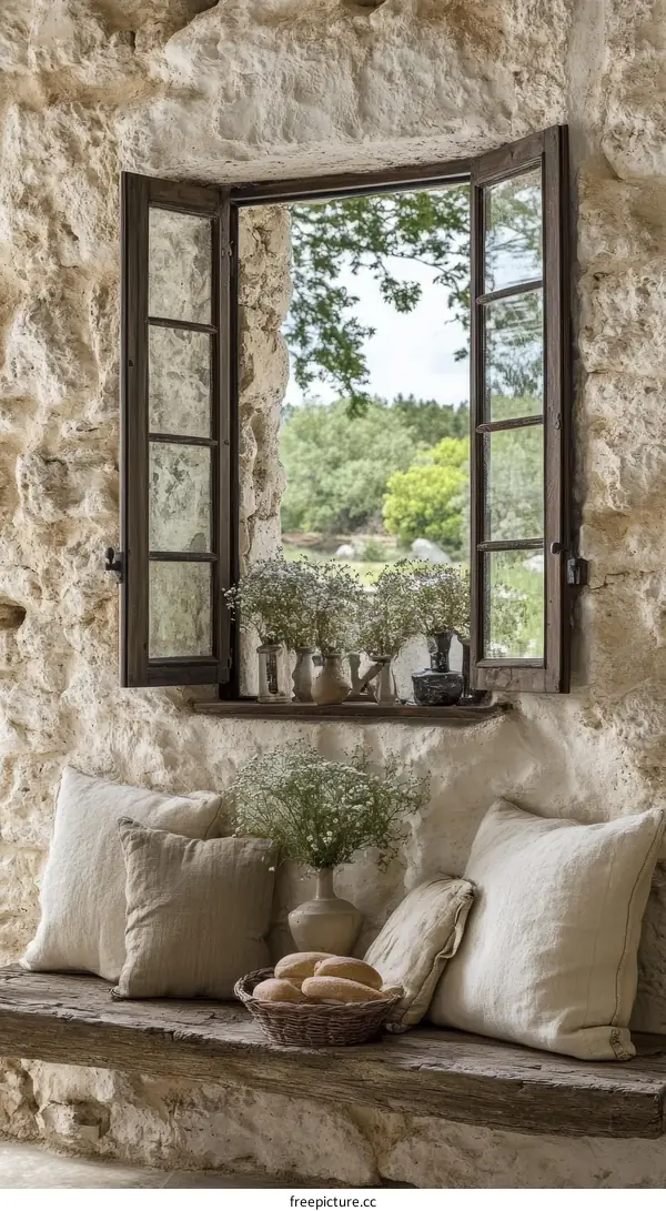 Rustic Stone Wall Window Seat with Pillows and Bread