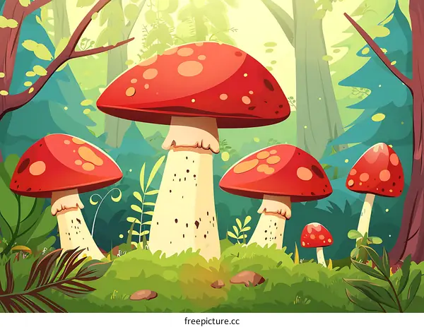 Cartoon Illustration of Red Mushrooms in a Forest