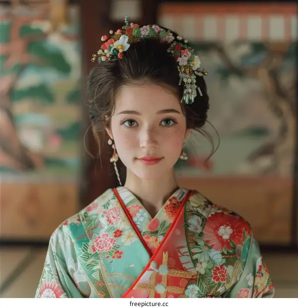 Portrait of a young woman in a kimono