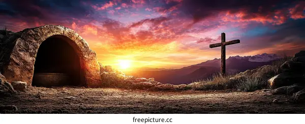 Empty Tomb at Sunrise with Cross