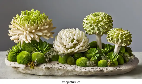 White and Green Flower Arrangement in a Stone Planter