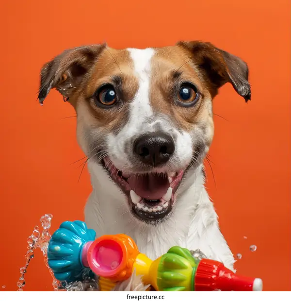 A wet dog is playing with a toy on an orange background