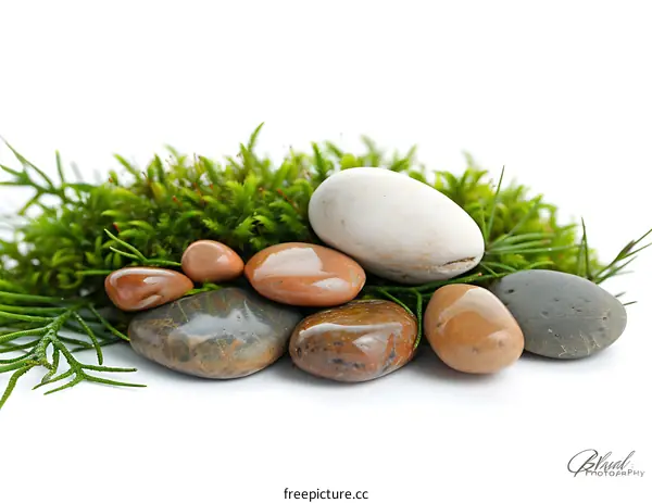 Smooth Stones and Green Moss on White Background