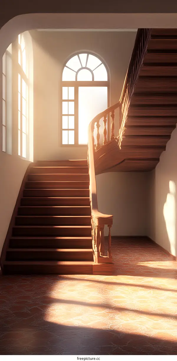 Elegant Wooden Staircase with Sunbeams Shining Through Arched Window