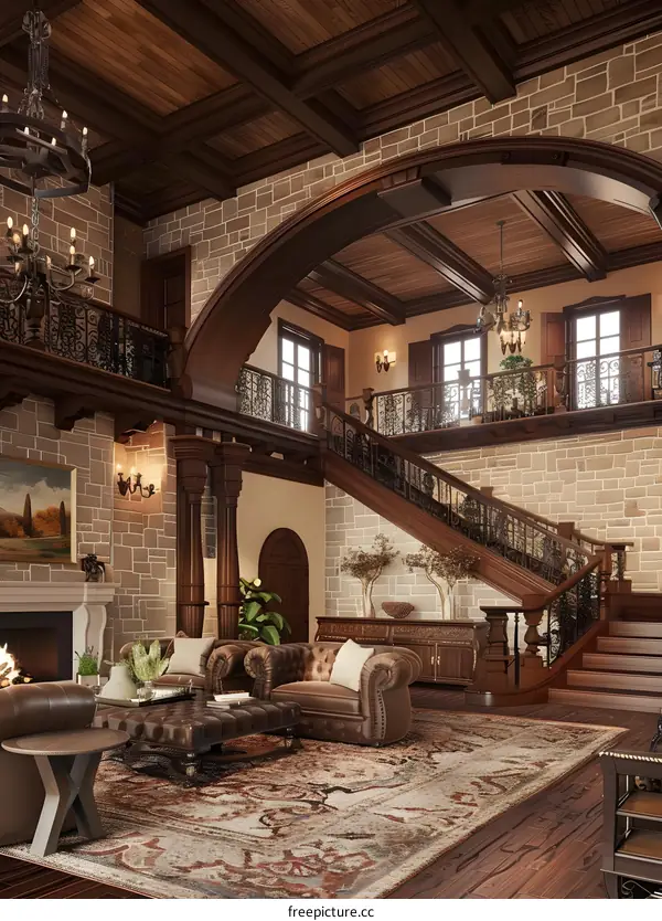 Luxury Living Room Interior Design With Wooden Staircase And Chandelier