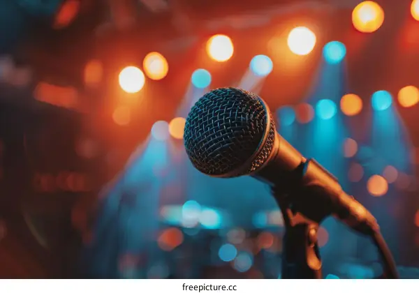 Close-up of a microphone on stage with blurred colorful lights in the background