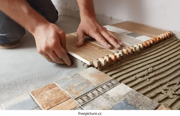 Tiler installing mosaic tile flooring