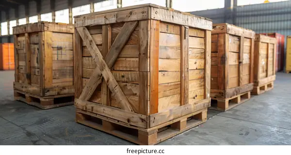 Wooden boxes stacked on wooden pallets in a warehouse