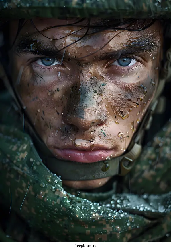 Portrait of a soldier with camouflage on his face