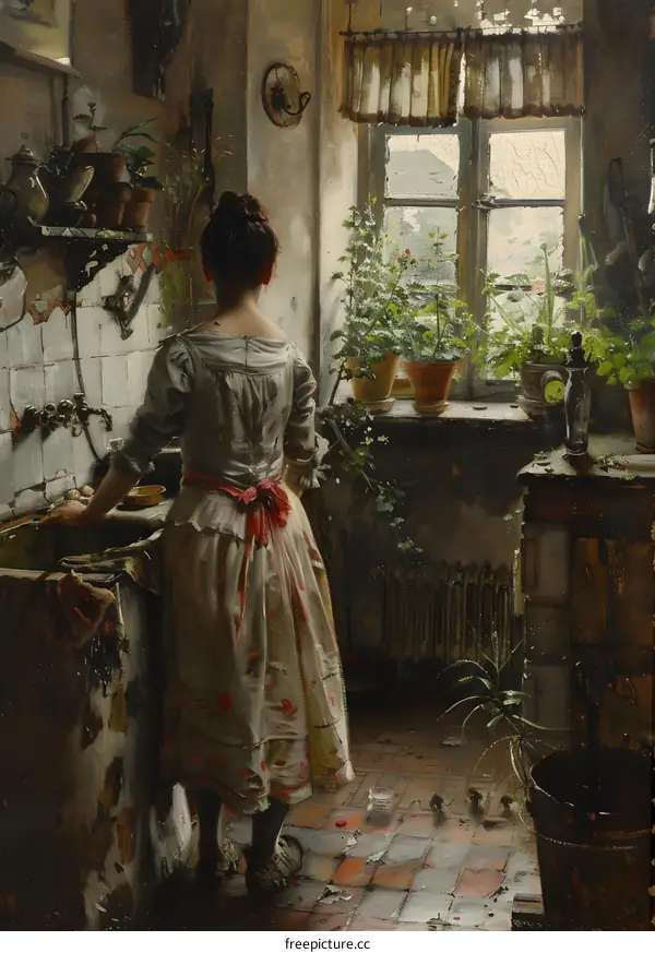 A woman standing in a kitchen and washing dishes