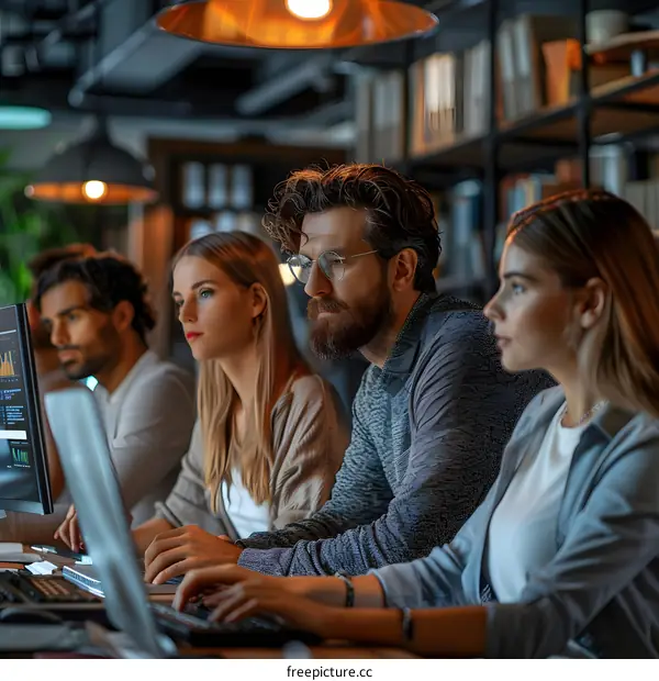 Focused multiethnic business team working together on computers in modern office space
