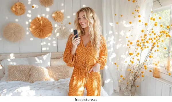 Stylish Woman Using Phone in a Cozy Bedroom