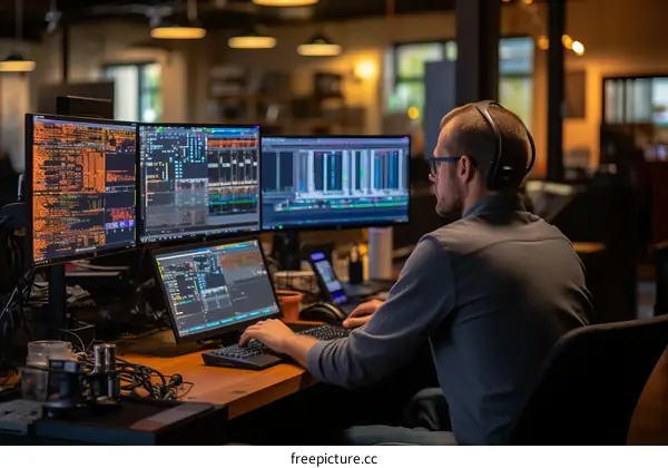 A man wearing headphones works at a computer in a dimly lit room