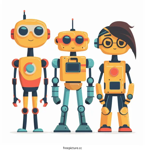 Three cute cartoon robots standing in a row