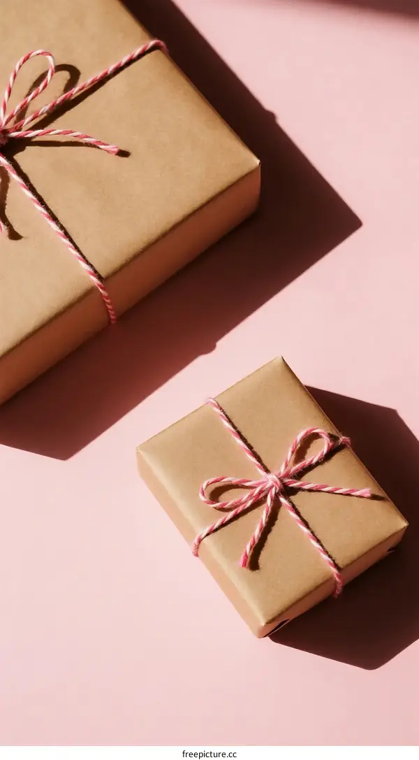 Two Craft Gift Boxes Tied with Pink String on Pink Background
