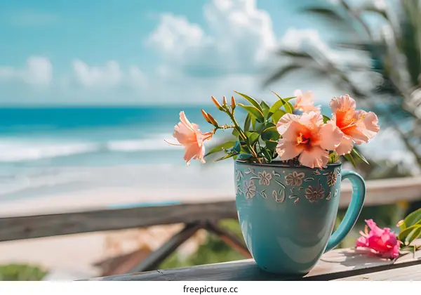 Pink Flowers In Blue Mug On Beach