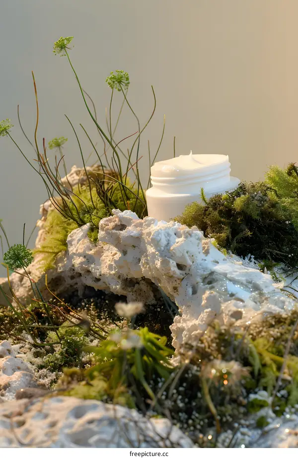 White Cream Jar on Rocks and Plants with Green Foliage