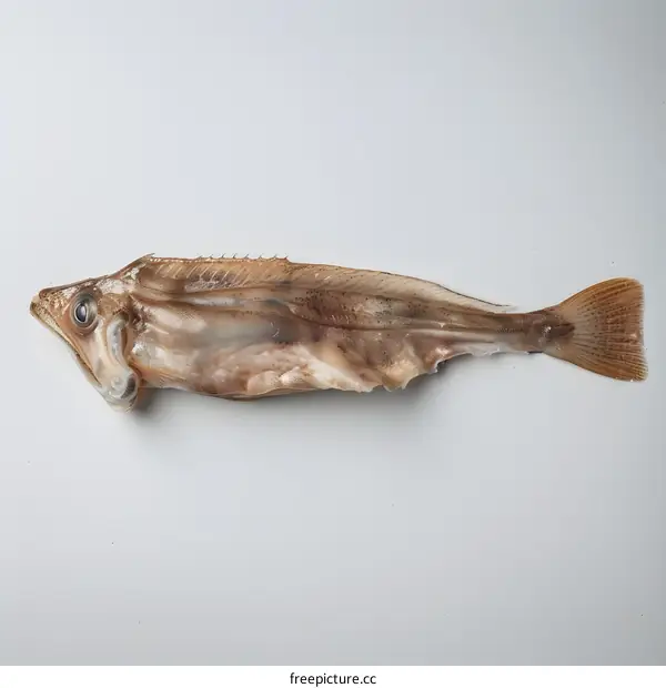 A fish with a long body and a large head lies on a white background.