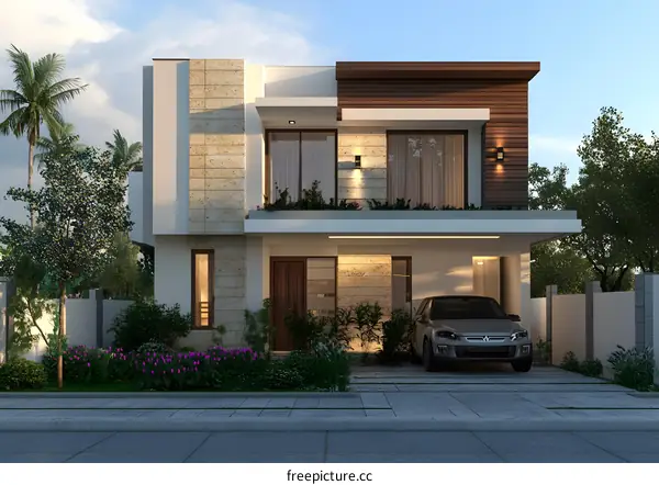 Modern Two Story House Exterior Design With Car