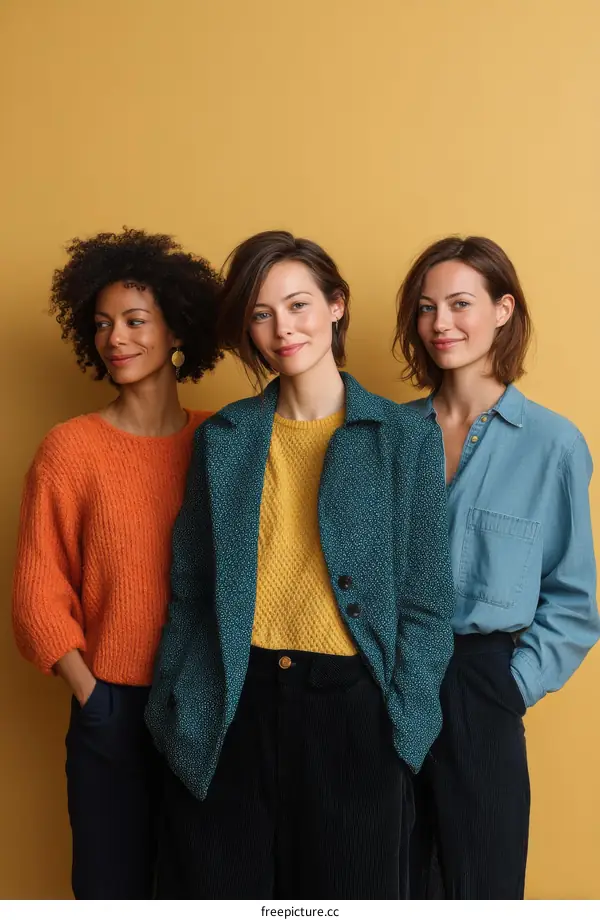 Three Diverse Women Posing Against a Mustard Yellow Background