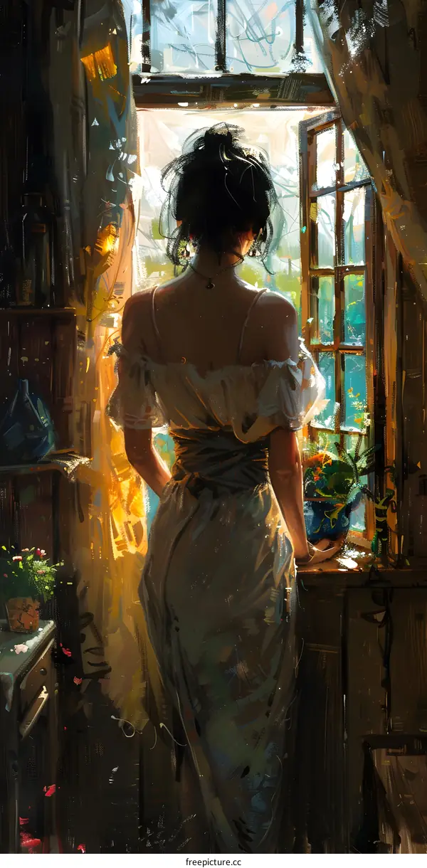 An elegant lady standing by the window