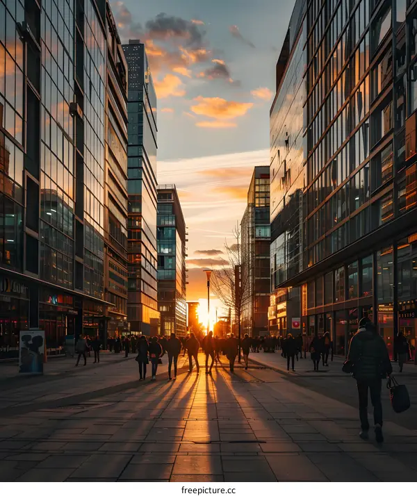 People Walking on a City Street at Sunset