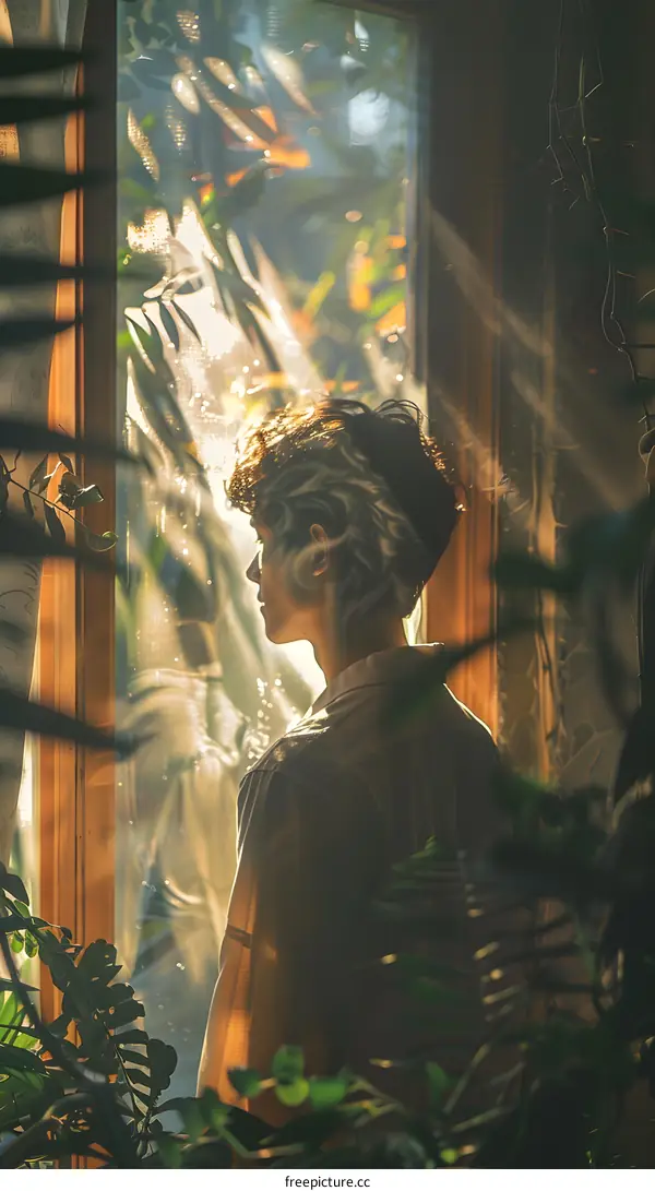 Man Looking Out Window with Sunlight