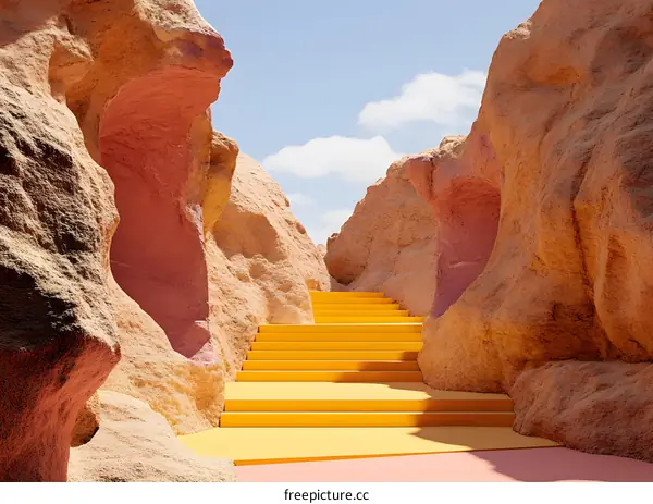 Yellow Stairs Leading Up to a Rock Formation