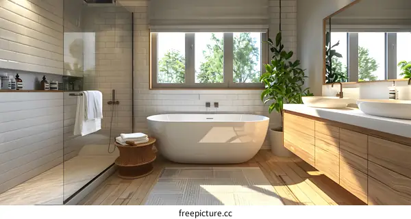 Scandinavian bathroom design with bathtub, shower, vanity, and mirror