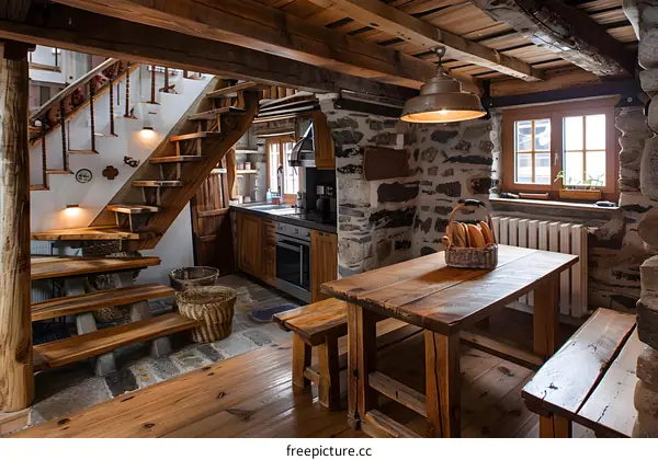 Rustic kitchen and dining room in a traditional wooden house