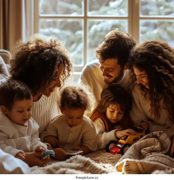 Family of five playing with toys in living room