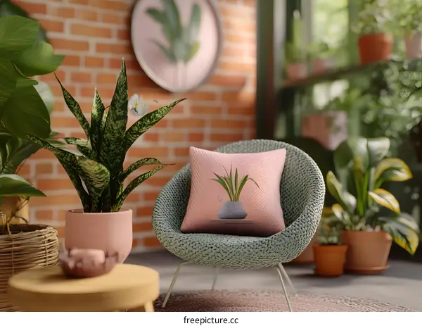Green Chair with Pink Pillow and Indoor Plants