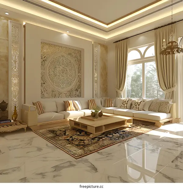 Modern Living Room Interior Design with Arabic Style Wall Decor