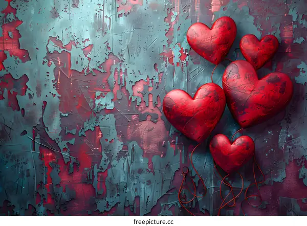 Red heart-shaped balloons on a blue-red background