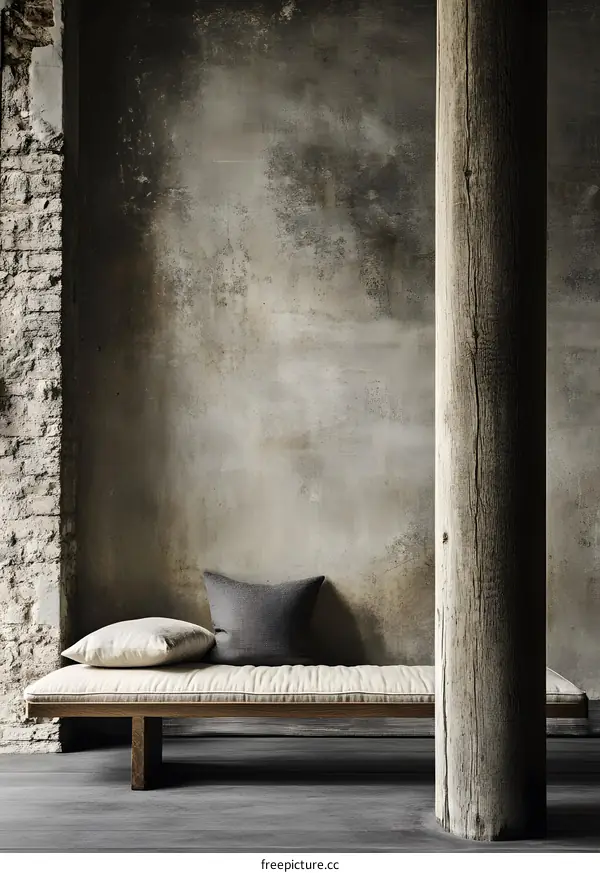 Minimalist Interior Design with Wooden Bench and Exposed Brick Wall