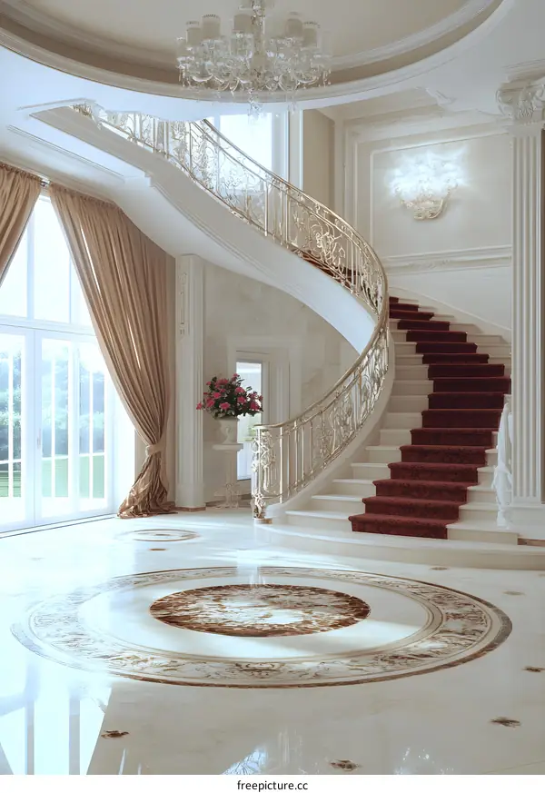 Grand Staircase In A Luxurious Home With Ornate Railing