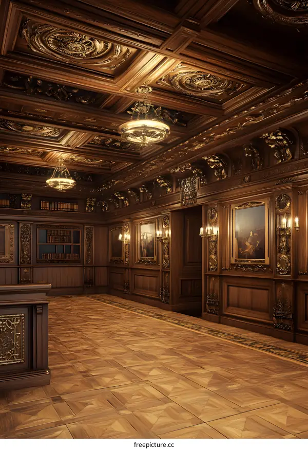 Ornate Wooden Room Interior Design with Gold Accents