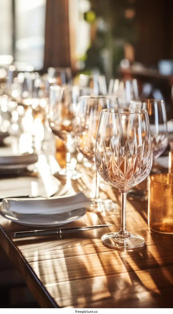 Crystal Wine Glasses Set for a Dinner Party in Sunlight