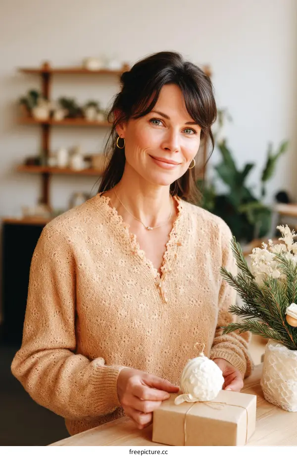 Woman Wrapping a Christmas Gift in a Cozy Studio
