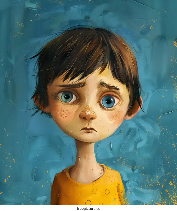 sad boy with freckles and two different colored eyes