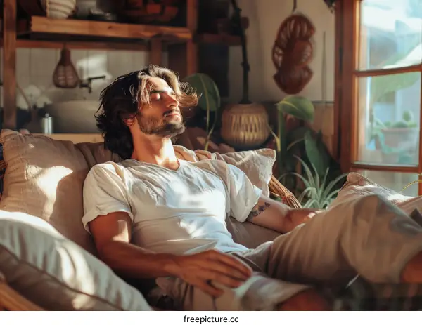 Bearded man relaxing in a cozy living room