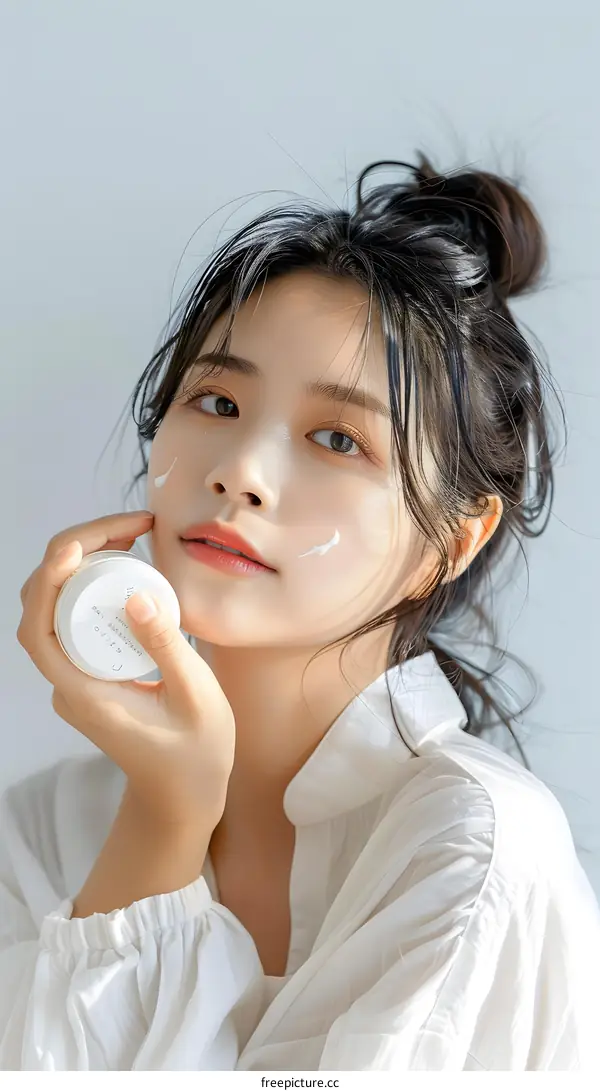 Young Asian Woman Applying Face Cream Beauty Skincare Routine