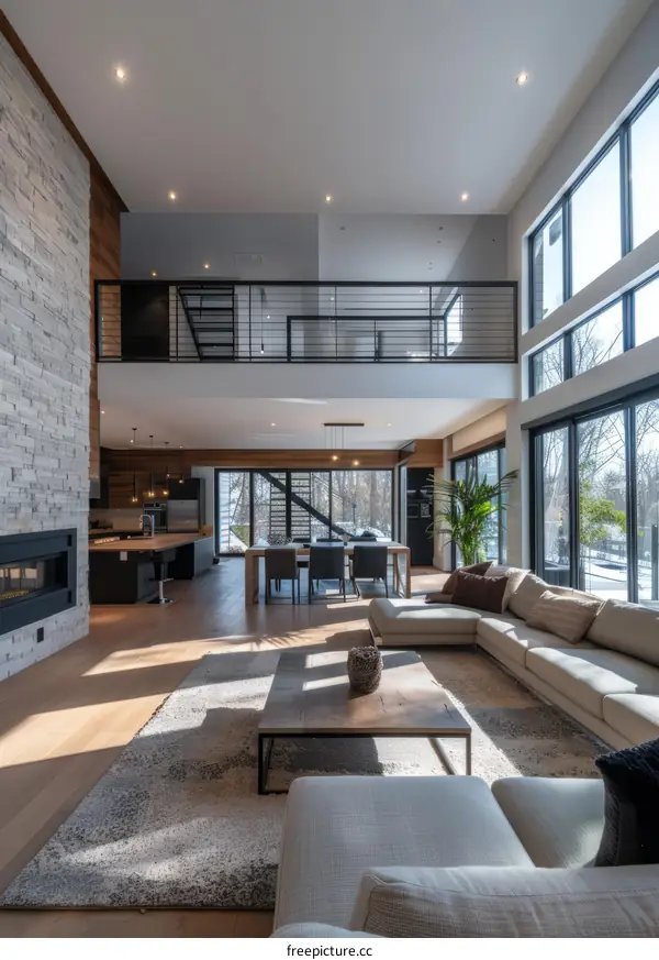 Bright and Airy Living Room With Fireplace and Picture Windows