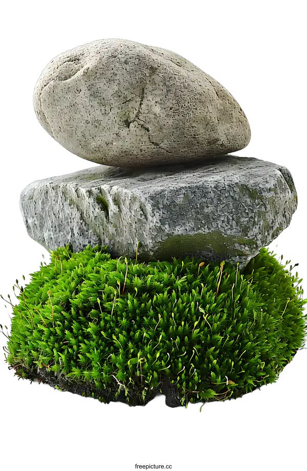 [Transparent Background PNG]Green Moss with Stacked Stones on White Background