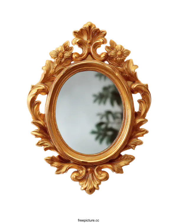 [Transparent Background PNG]Vintage Gold Oval Wall Mirror with Ornate Frame