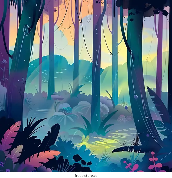 Magical Forest Illustration with Lush Green Foliage and Sunbeams